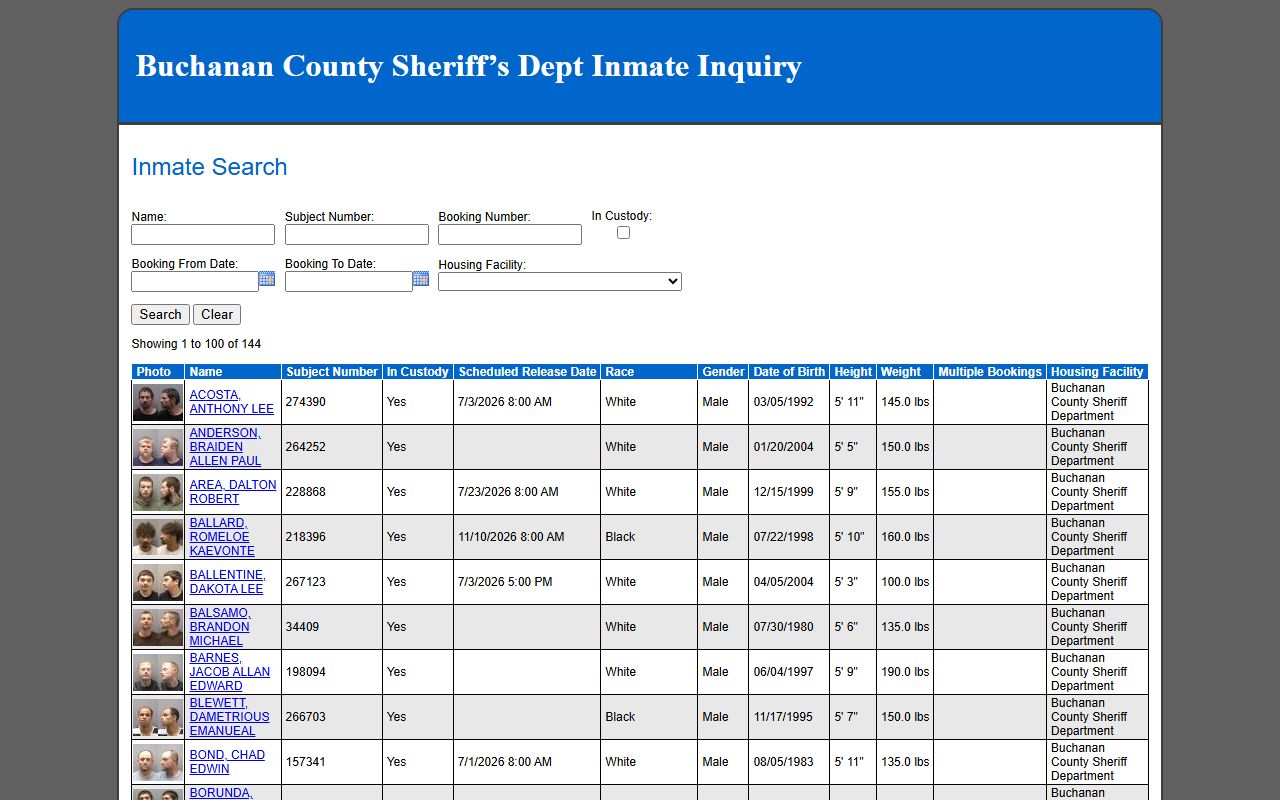 Buchanan County Jail roster search results with inmate photos and custody fields
