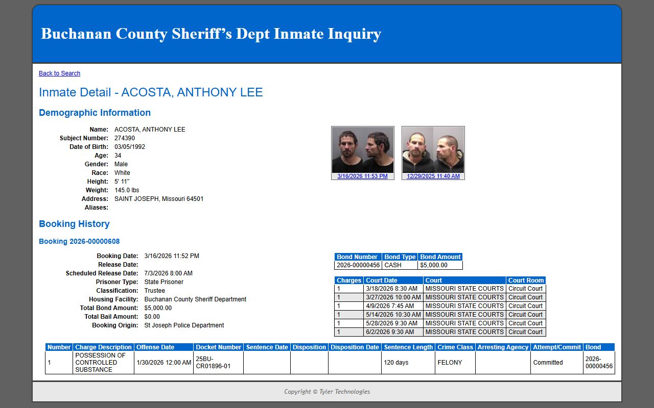 Buchanan County sample inmate detail profile with booking photos and booking history fields