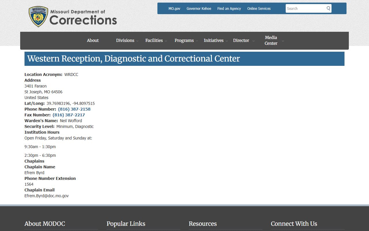 Western Reception Diagnostic and Correctional Center facility page with visiting hours and contact details